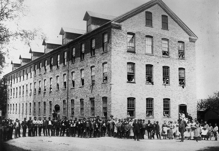 Employees congregate outside the Robbins and Kellogg Shoe Company, 1880.  Photo, courtsey of Berkshire Historical Society